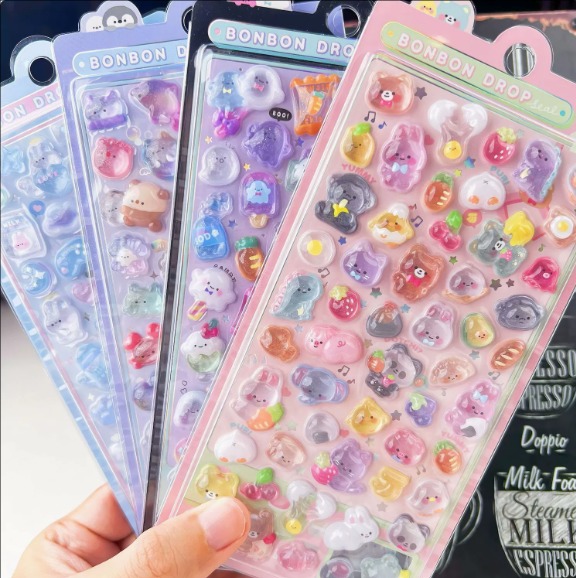 カートゥーン 3D立体デコステッカー｜水晶風 キラキラ ダイヤモンド調 子供用 可愛い 浮き彫りシール 女の子向け